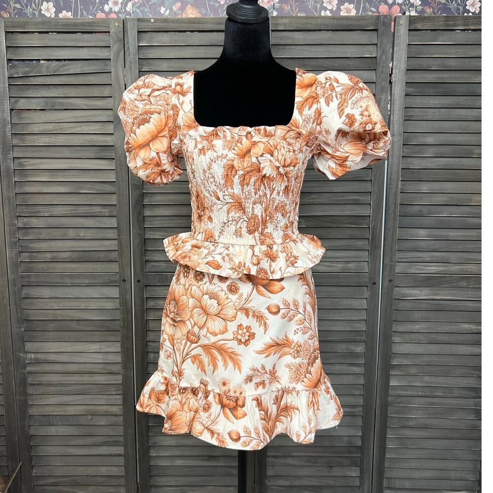 Vestique Rust Cream Floral Cotton Puff Sleeve Crop Top Mini Skirt Set M NWT - Picture 3 of 12